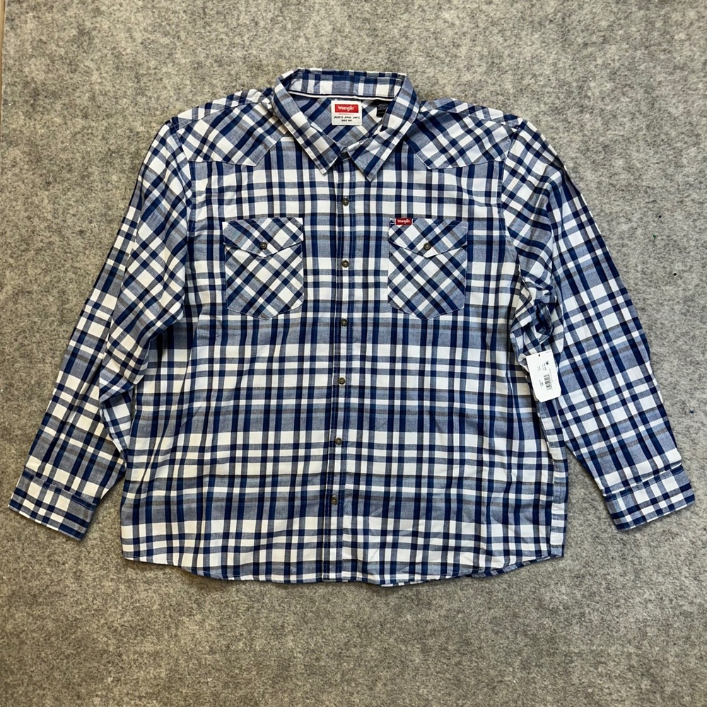 Wrangler Button Down Shirt Mens 3XL Blue Plaid New Five Star Premium Long Sl